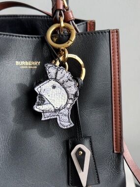 NWT Burberry Helmet Charm Black and White Keychain with Silver Hardware
